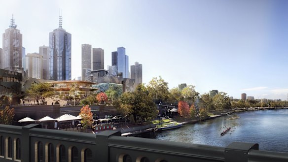 The view of the store and Federation Square from Princes Bridge. 