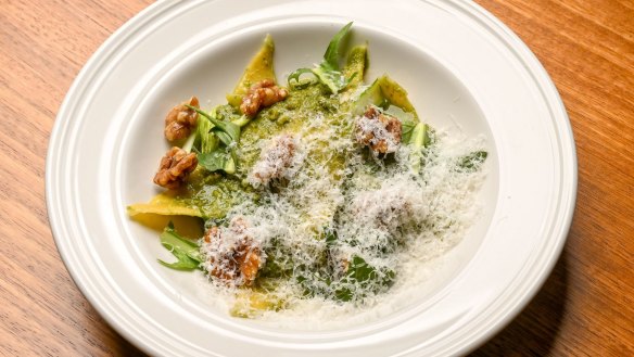 Panzotti pasta with silverbeet, ricotta and walnut pesto.