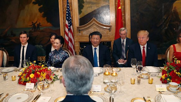 US President Donald Trump and Chinese President Xi Jinping at dinner at Mar-a-Lago earlier this month.