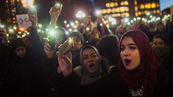 Muslim women during a New York protest against President Donald Trump's order banning refugees and visitors from some Muslim countries.