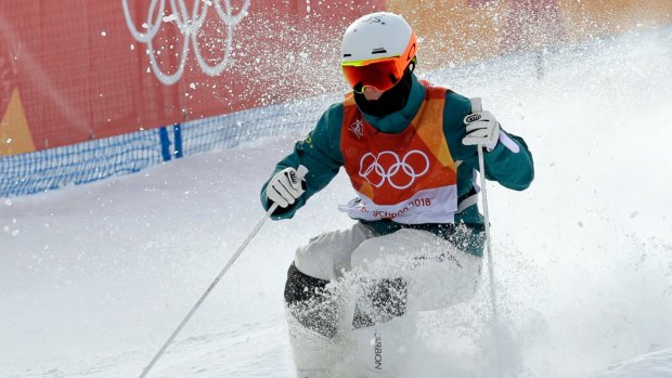 Long shot: Matt Graham runs the course during the men's moguls qualifying at Phoenix Snow Park at the 2018 Winter Olympics in Pyeongchang.