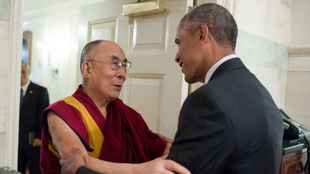 US President Barack Obama greets His Holiness the Dalai Lama at the White House.