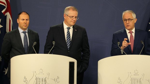 Prime Minister Malcolm Turnbull, with Treasurer Scott Morrison and  Energy and Environment Minister  Josh Frydenberg during a press conference regarding the shortfall in fas for the domestic market.