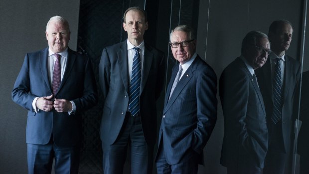 (Left to right) Former ANZ chief executive Mike Smith with his successor Shayne Elliott and chairman David Gonski. 