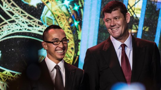 Billionaire Lawrence Ho and James Packer before the opening of Melco's Studio City casino resort in Macau.