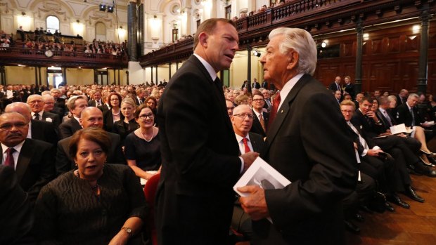 Tony Abbott and Bob Hawke at the memorial inside Sydney Town Hall.