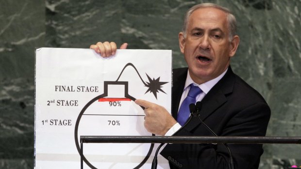 Israeli Prime Minister Benjamin Netanyahu  warns the UN General Assembly of the dangers of Iran's nuclear program in September 2012.