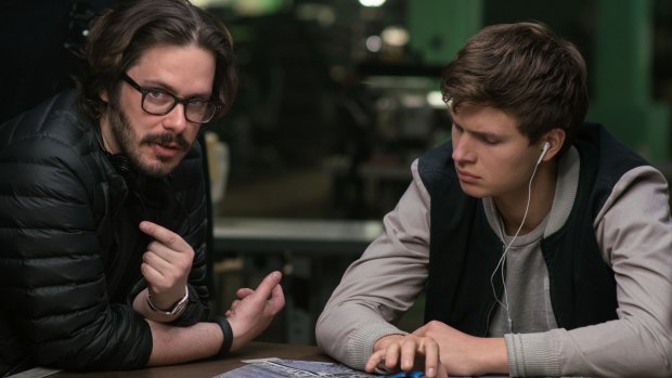 Director Edgar Wright (left) and Ansel Elgort on the set of 'Baby Driver'. 