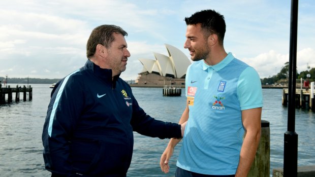 Reunion: Socceroos coach Ange Postecoglou with Greek captain Andreas Samaris in Sydney on Friday.