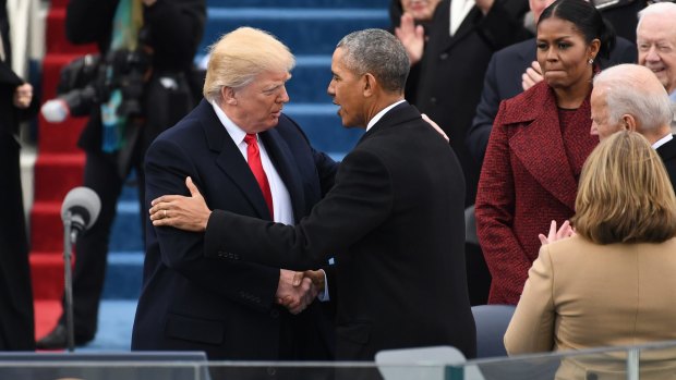 Barack Obama greets Donald Trump at the new President's inauguration.