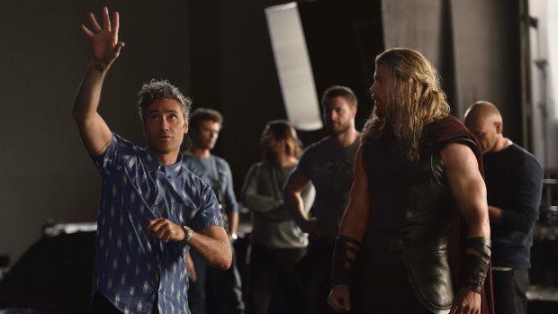 Director Taika Waititi and Chris Hemsworth as Thor on the set of <i>Thor: Ragnarok</I> in Queensland. 