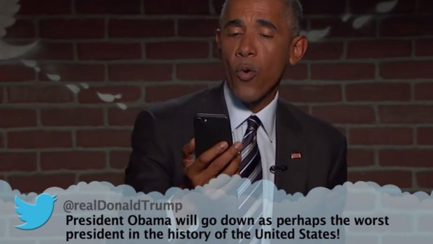 US President Barack Obama has trolled presidential candidate Donald Trump on late night show Jimmy Kimmel Live
