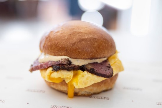 Breakfast Sammy with LP's brisket pastrami, cheese and folded egg.