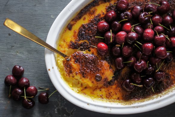 Chilled custard with boozy cherries.