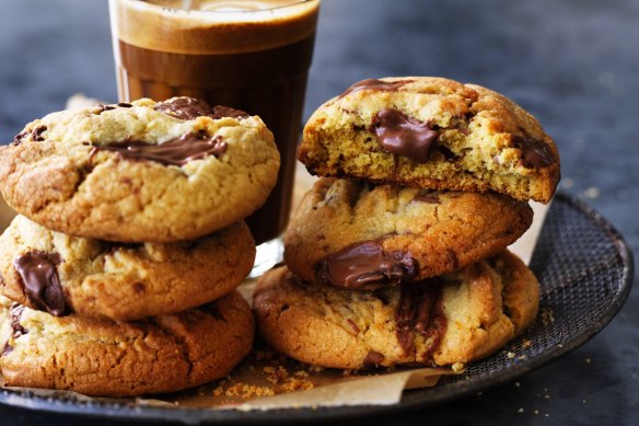 Tahini and orange cookies with molten chocolate pools.