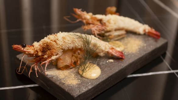 Deep-fried king prawns with arare crumb.
