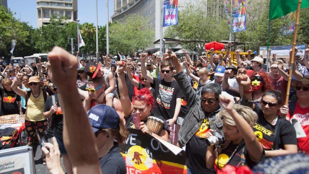  People attending Human Rights Day protest united with Aboriginal Defence on December 10, 2016 in Sydney, Australia.
