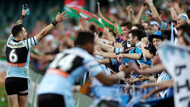 Up, Up Cronulla: Jack Bird celebrates with fans after Cronulla's victory over the South Sydney Rabbitohs at Allianz Stadium.