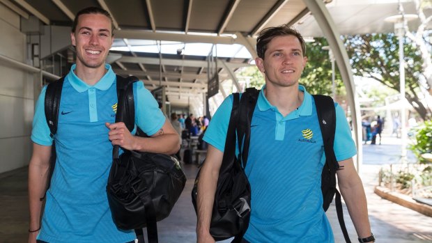 Relaxed return: Jackson Irvine (left) and Craig Goodwin back in Sydney.