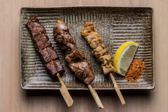 Beef tongue, chicken liver and chicken skin skewers.