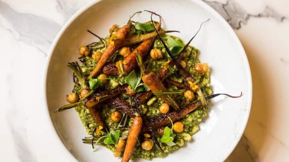 Chickpea spaetzle with basil and spinach puree and carrots.