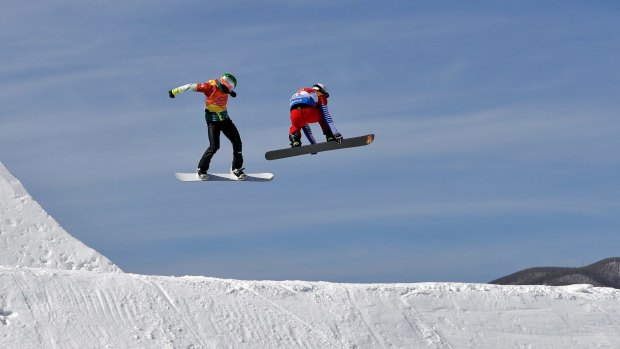 One-two: Australia's Jarryd Hughes and France's Pierre Vaultier in the snowboard cross.