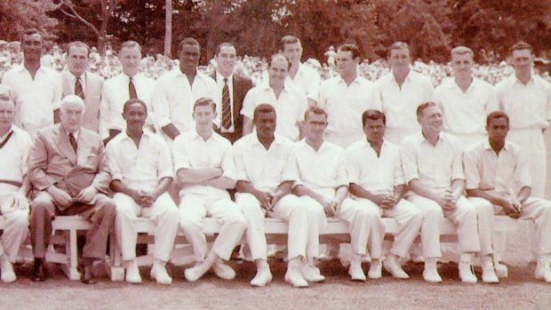 The 1961 Prime Ministers XI, with Canberra's John Cope, second from right in the back row, standing next to Richie Benaud,