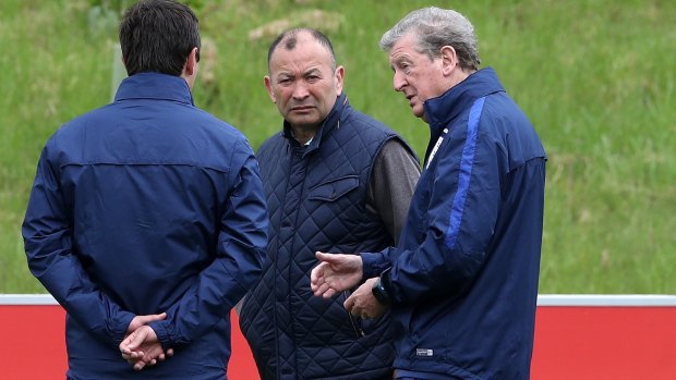 Brains trust:  England football manager Roy Hodgson, former Manchester United star Gary Neville and Eddie Jones chew the fat.