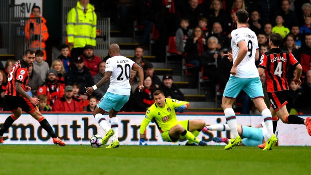 Andre Ayew scores for West Ham against Bournemouth.