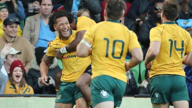Back to his best: Israel Folau scored a double as the Wallabies cruised to victory over Fiji.