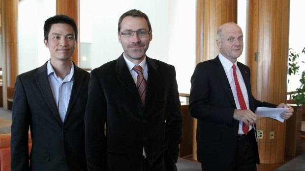 Chris Teoh and Ivan Hinton-Teoh from Australian Marriage Equality, with LDP Senator David Leyonhjelm.