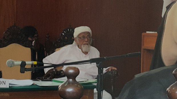 Radical Indonesian cleric Abu Bakar Bashir in court in Cilacap on January 26.