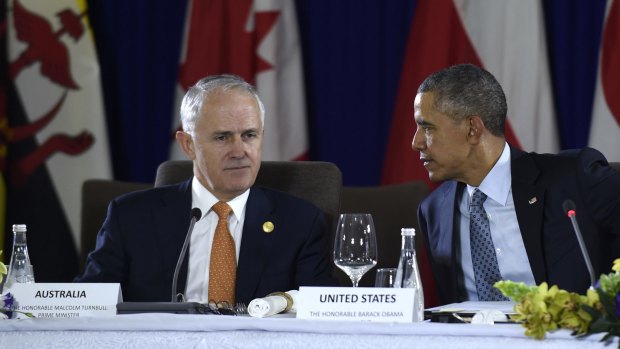 Mr Turnbull and US President Barack Obama - pictured at the Asia-Pacific Economic Cooperation summit in November - will meet in the Oval Office on Tuesday, local time