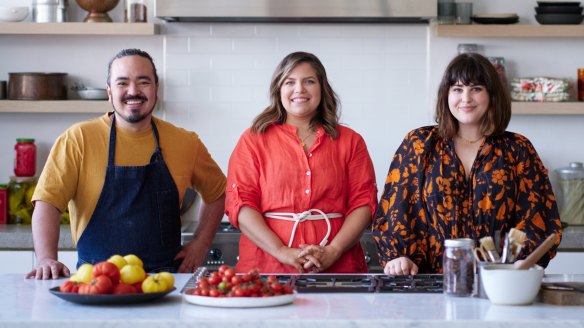 Presenters Adam Liaw, Danielle Alvarez and Julia Busuttil Nishimura in the Good Food Kitchen.