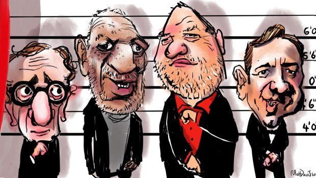 The line-up of alleged sexual predators in Hollywood grows: Woody Allen, Bill Cosby, Harvey Weinstein,
 and Kevin Spacey.  Illustration: Matt Davidson