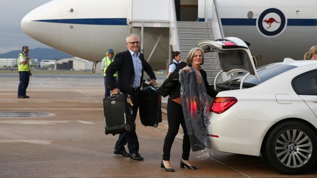 Prime Minister Malcolm Turnbull and Lucy Turnbull depart RAAF Fairbairn in Canberra for his first stop in Jakarta, Indonesia, on an international trip which includes visits to Germany, Turkey for G20, Philippines for APEC and Malaysia for the East Asia Summit.