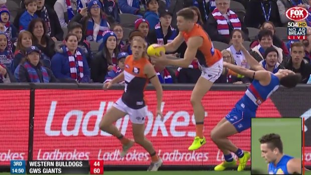 The boot to the head incident between Toby Greene and Luke Dahlhaus during Friday night's match.