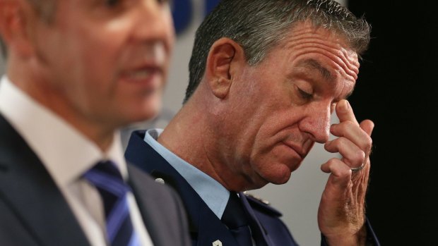 NSW Police Commissioner Andrew Scipione (right) and NSW Premier Mike Baird front the media after shooting at Parramatta.