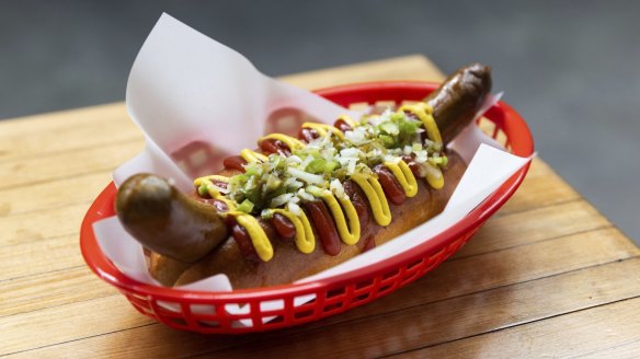 The foot-long gutter dog with mustard and sweet-sour relish.