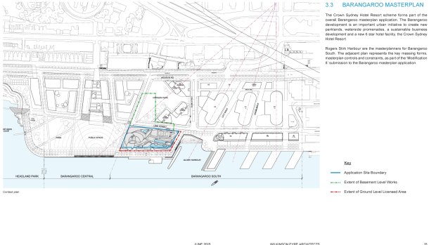 Plan showing the Crown Casino site at Barangaroo (blue) the area for bars and restaurants (red), and the remaining public walkway.
