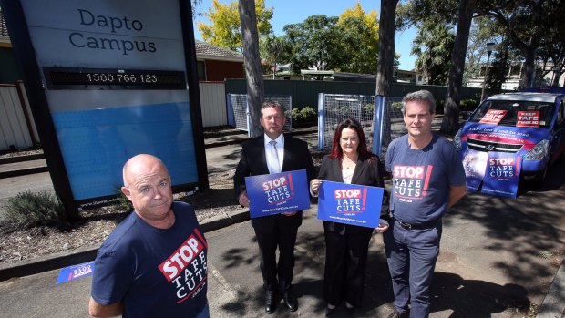 NSW TAFE teachers association president Phil Chadwick, Labor candidate for Kiama Glenn Kolomeitz, member for Shellharbour Anna Watson and NSW Teachers Federation TAFE organiser Rob Long.