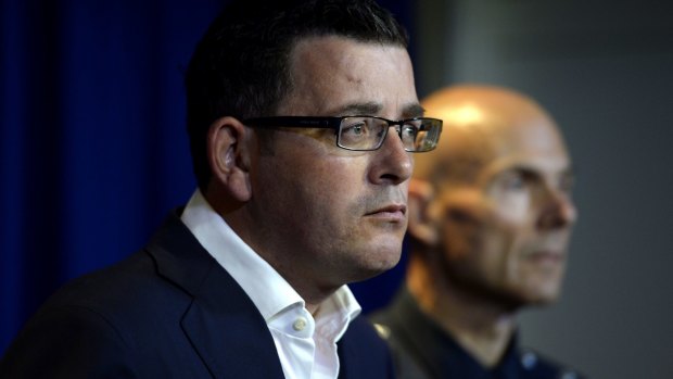 Victorian Premier Daniel Andrews and Deputy Commissioner Andrew Crisp at a media conference  about the gang violence that hit Melbourne on Saturday night. 