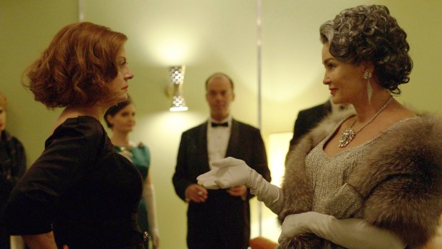 Susan Sarandon as Bette Davis, left, and Jessica Lange as Joan Crawford in a scene from Feud.