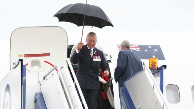 Prince Charles arrives at RAAF Fairbairn in Canberra.