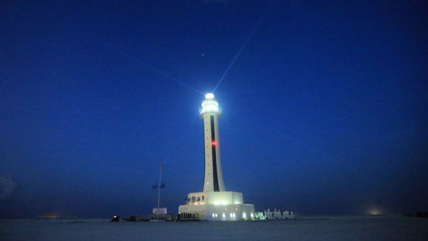 The China-built lighthouse on Zhubi Reef off Nansha Islands in the South China Sea.