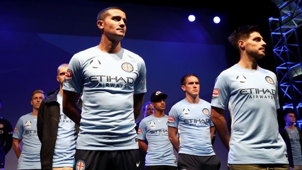 Tim Cahill and Bruno Fornaroli at the Melbourne City 2017/18 kit launch.