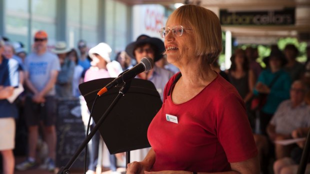 Greens crossbencher Caroline Le Couteur adresses protesters at Curtin Square earlier this year.