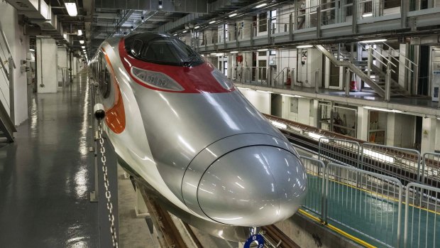 A Guangzhou-Shenzhen-Hong Kong Express Rail Link (XRL) train arrives in Hong Kong.