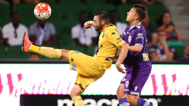 High kick: Josh Rose traps the ball during the round 23 A-League match between the Perth Glory and the Central Coast Mariners at nib Stadium.