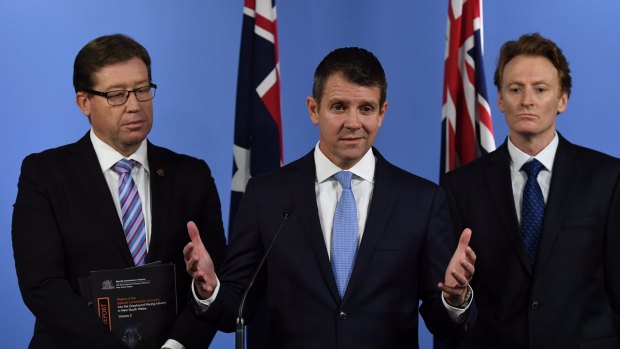 NSW Premier Mike Baird and Deputy Premier Troy Grant with Steve Coleman, CEO of RSPCA NSW, announcing the ban on Thursday. 